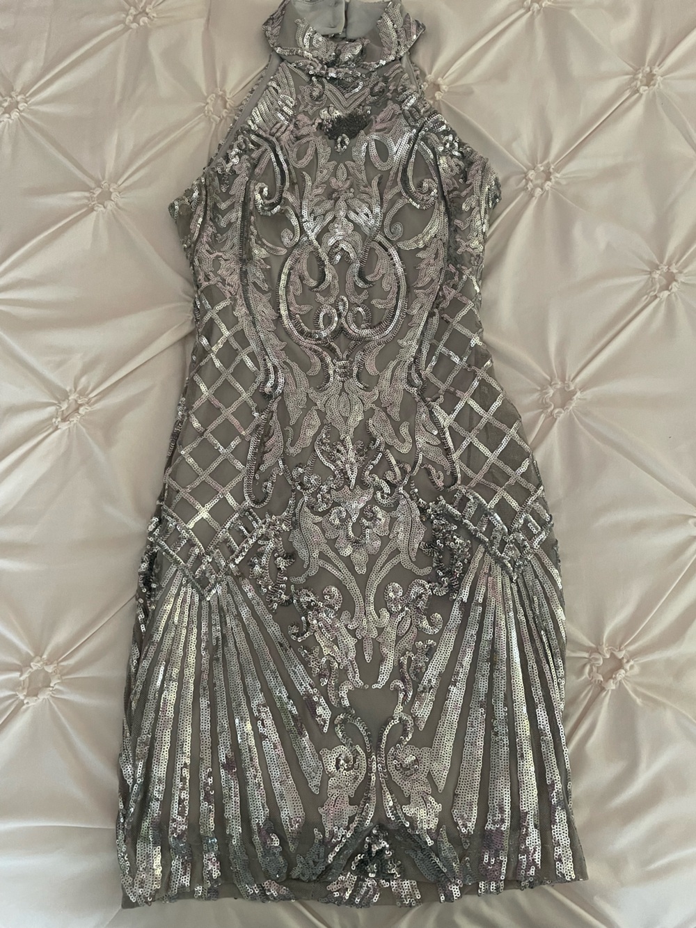 B Darlin Silver Sequin High-Neck Dress